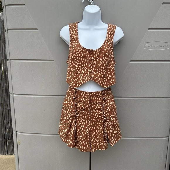 Free People Printed Bennett Set Tank Top and Shorts Fawn Combo Brown Sz 0 NWT - Picture 2 of 16